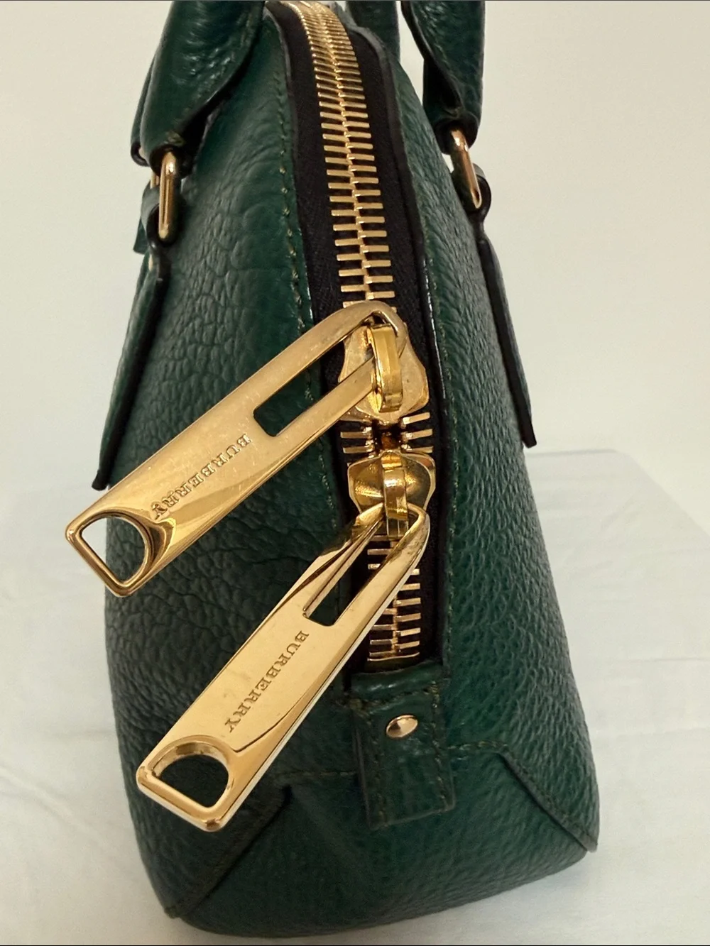 Burberry Dark Green Pebbled Leather Top-Handle Satchel